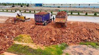 Amazing Activity Dump Truck & Unloading Dirt At Deep Slop And Bnlldozer Working Moving Dirt To Slop