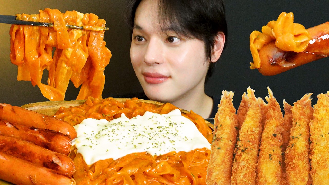 꾸덕한 불닭로제당면에 새우튀김이랑 소시지 먹방❤️❤️
