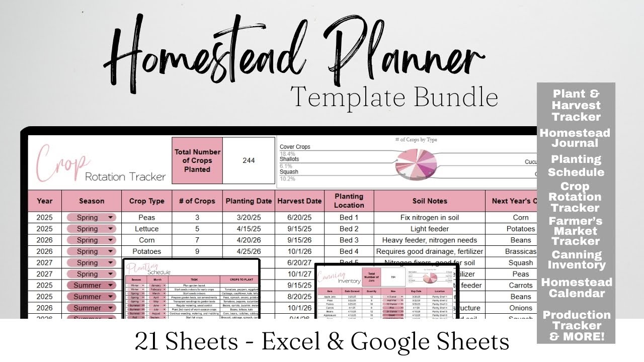 Homestead Planner Template, Homesteading Planning Excel, Homestead Planting Calendar Google Sheets