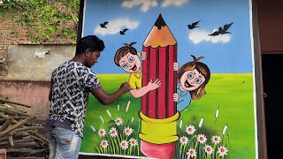 Beautiful Anganwadi Center Painting/How To Paint Anganwadi Center By Dina Art/ଅଙ୍ଗନୱାଡି ପେଣ୍ଟିଂ କାମ