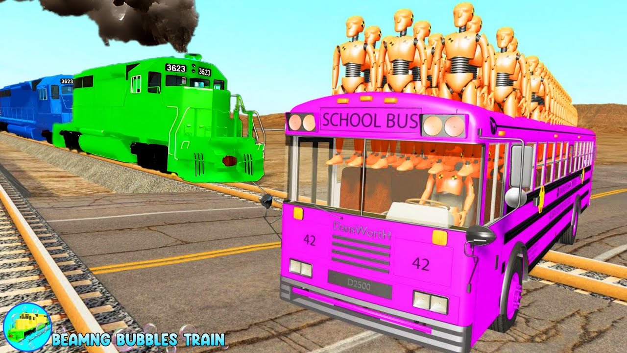 Bus vs Cars - Rescue Truck vs Rails -  Beamng Bubbles Train 07