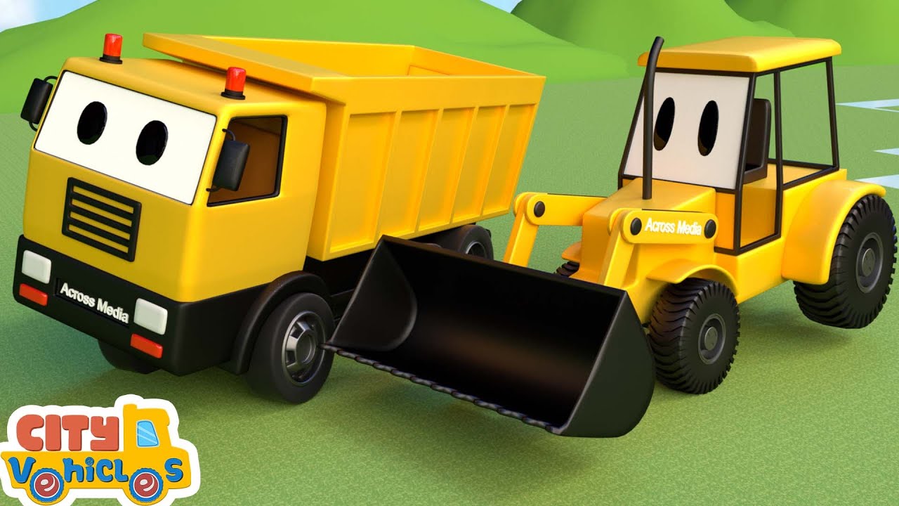 Construction vehicles build new playground -dump truck, Ambulance and excavator for kids.