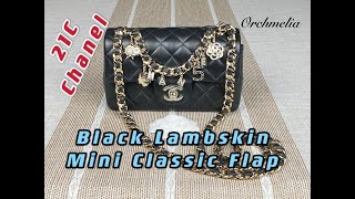 Chanel 21C Black Lambskin Mini Classic Flap with Charms and