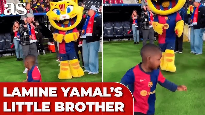 LAMINE YAMAL'S LITTLE BROTHER steals hearts in VIRAL VIDEO running from  BARÇA MASCOT