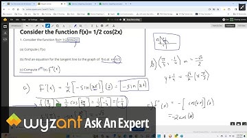 Given trig function, find derivative, equation of tangent line, and 2nd derivative.