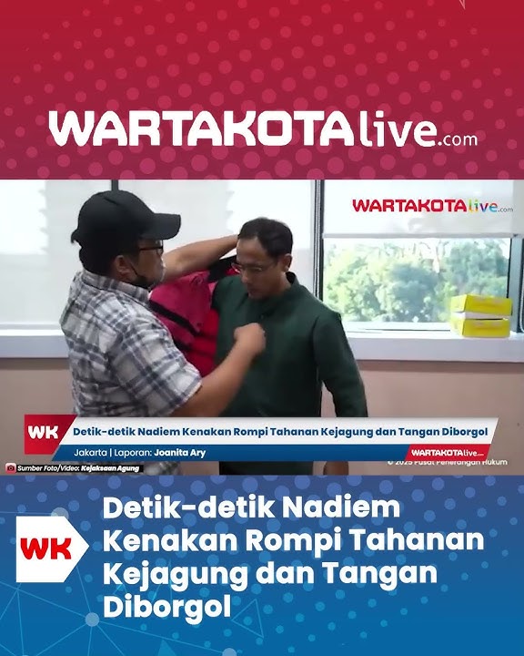 Dengan mengenakan rompi tahanan Kejagung dan tangan diborgol, Nadiem keluar dari gedung Jampidsus