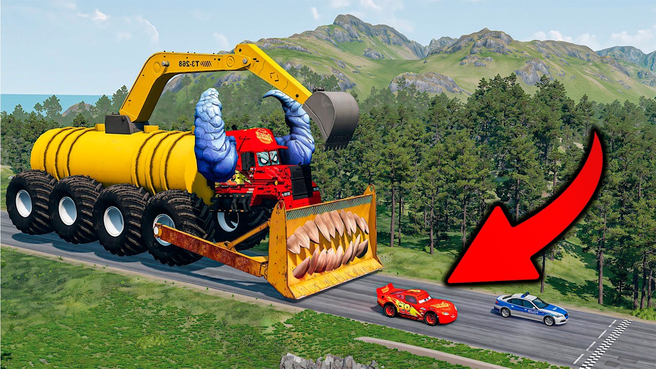 Giant EXCAVATOR TRAIN Mack Truck Eater VS Cars Lightning McQueen & Police Car - Beamng.Drive