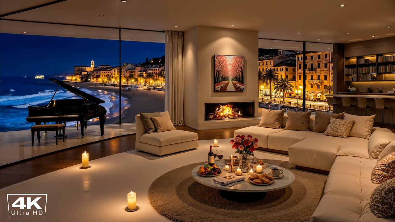 Cozy Beachside Apartment with Smooth Jazz Instrumental Music & Crackling Fireplace for Relaxation