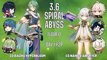 C0 Baizhu Hyperbloom/Nahida Airfryer | 3.6 Spiral Abyss Floor 12 9 Star | Genshin Impact | Day 1 F2P