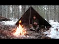 Winter backcountry bushcraft  bedroll pack  half canvas tent