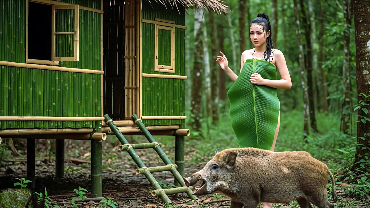 48 Hours of Rainforest Shelter Building – Bamboo House, Survival Skills & Wild Boar Traps