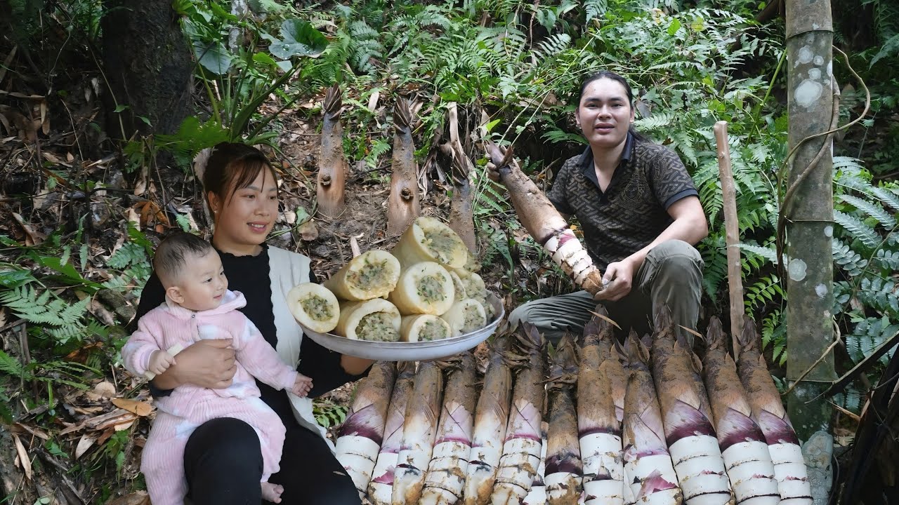 Process of making bamboo shoots, stuffing with meat, harvesting early-season bamboo shoots