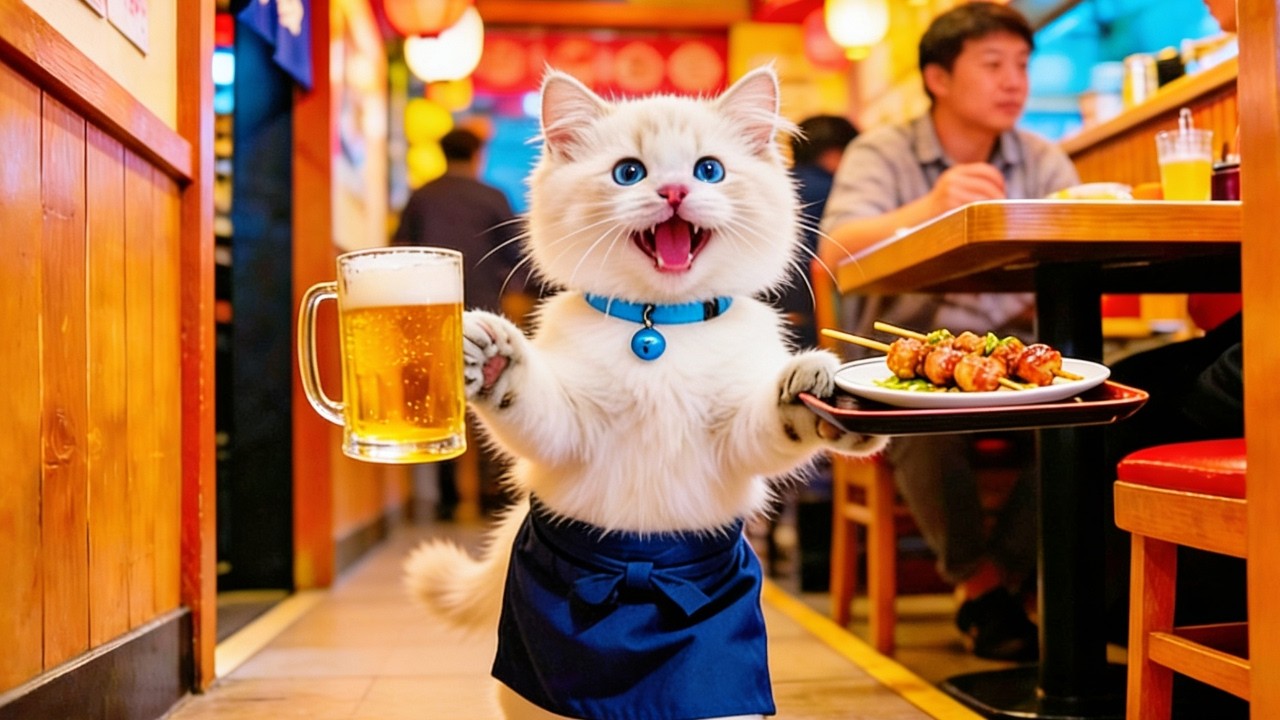 居酒屋で働く日の子猫のルル🐱賄いの焼き鳥丼が美味しいね🐔｜AI猫
