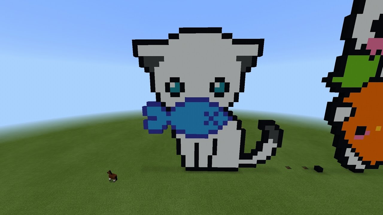 Minecraft Tutorial: How To Make Cat Bring A Fish Pixel Art - YouTube.