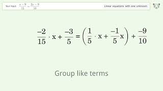 Linear equation with one unknown: Solve (x-9)/15=(2x-9)/10 step-by-step solution