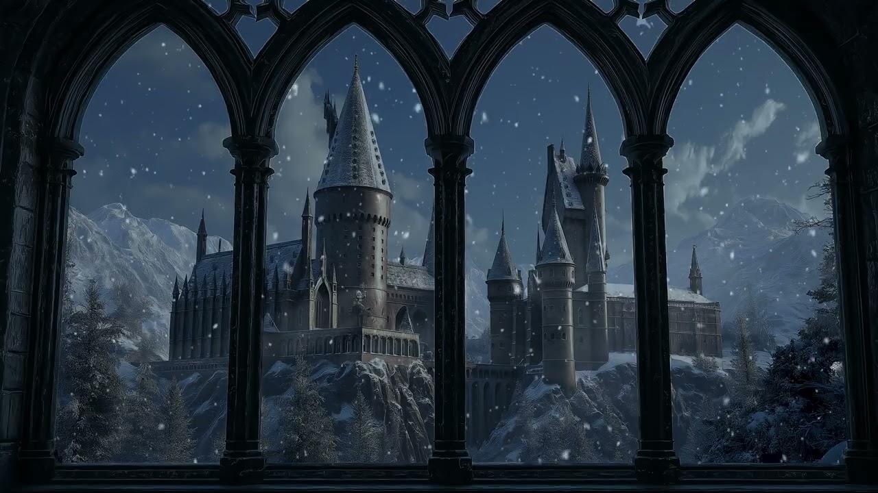 Cozy Hogwarts Winter Window with Falling Snow and Soft Winds | Deep Focus & Relaxing Sleep Sounds