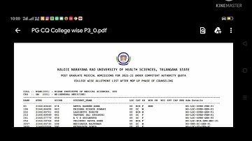 KNRUHS PG medical CQ college wise allotment list released in 2022