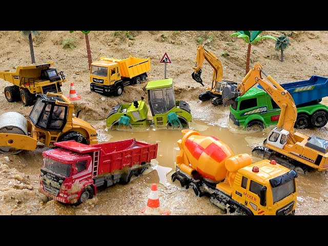Rescue excavator trucks and cement trucks | Police car crane truck toy stories | BIBO TOYS class=