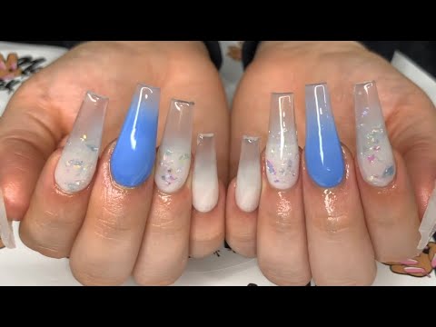 Clear Ombre W/ Mylar Foil Flakes Full Set | Acrylic Nail Tutorial | Hand  Filing - Youtube