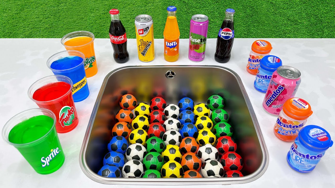 Mini Football VS Popular Sodas !!! Sprite, Coca Cola, Pepsi, Fuse Tea, Fanta and Mentos in Pool