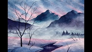 Beautiful watercolor snowy landscape painting for beginners | easy watercolor