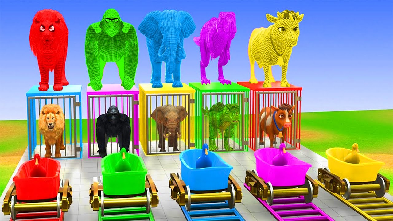 Long Slide Game With Cow Elephant Gorilla Hippopotamus Tiger - 3d Animal Game - Funny 3d