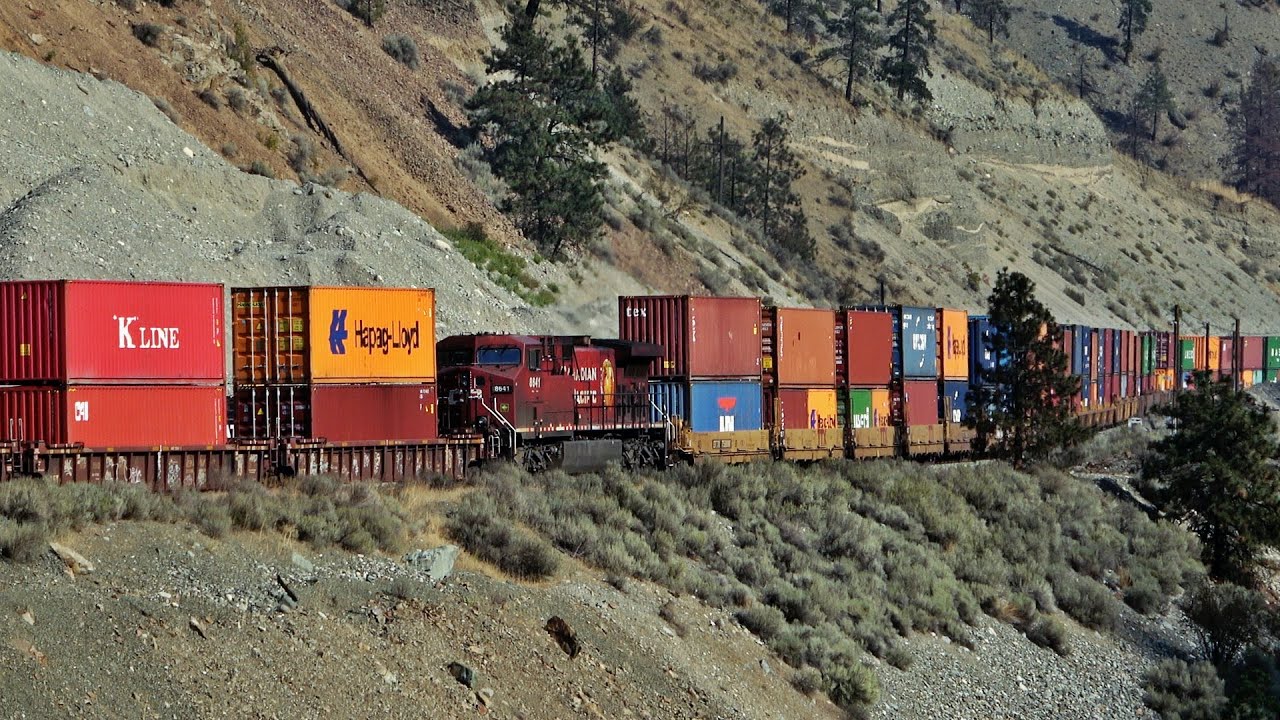Huge Double Stack CN And CP Trains Around Tight Curves In The Canyons!