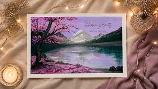 Aesthetic Acrylic Painting 🎨 | Blossom Tree, Mountains & Water Reflection 🌸blossom tree painting screenshot 1