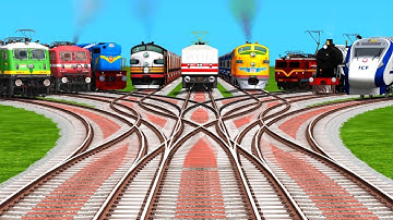9 Trains Crossing By Realstic Bumpy Railroad Tracks | train wala video game | train simulator game
