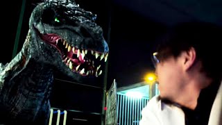 The scientist want to save the dinosaur, but in the end he is eaten by the monster he created!