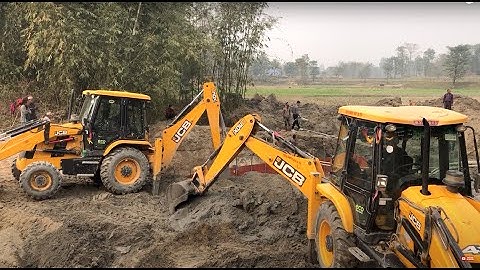 TWO JCB Backhoe 3DX Machine Making A Bridge Foundation, JCB Working Road Construction