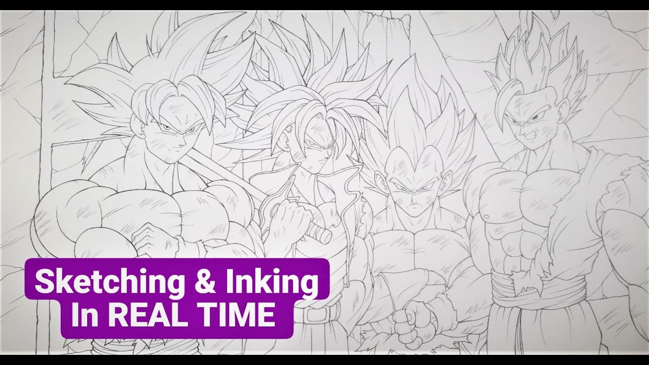 Sketching & Iniking GOKU, VEGETA, GOHAN & TRUNKS in REAL TIME | Over 6 HOURS Drawing STRAIGHT!