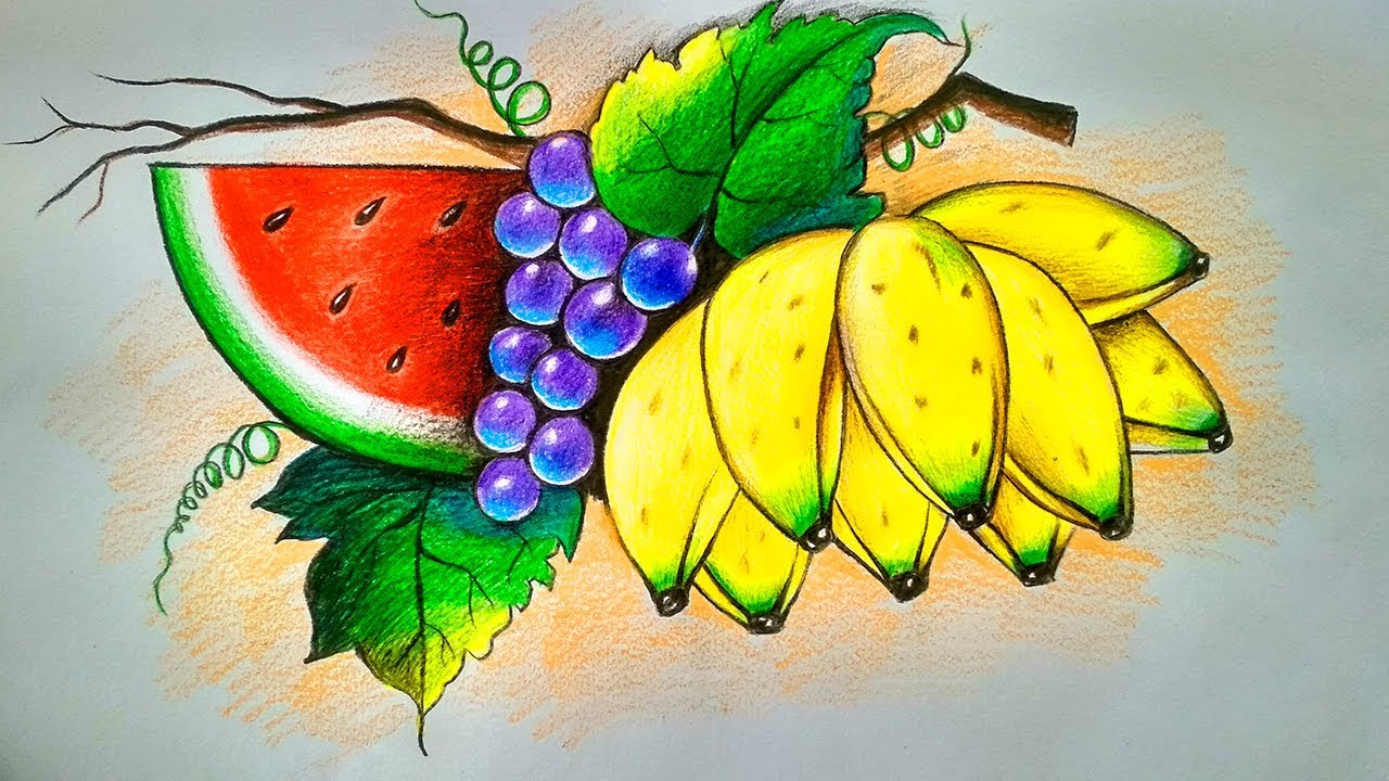 Easy fruit drawing tutorial with color pencil...//fruit drawing for