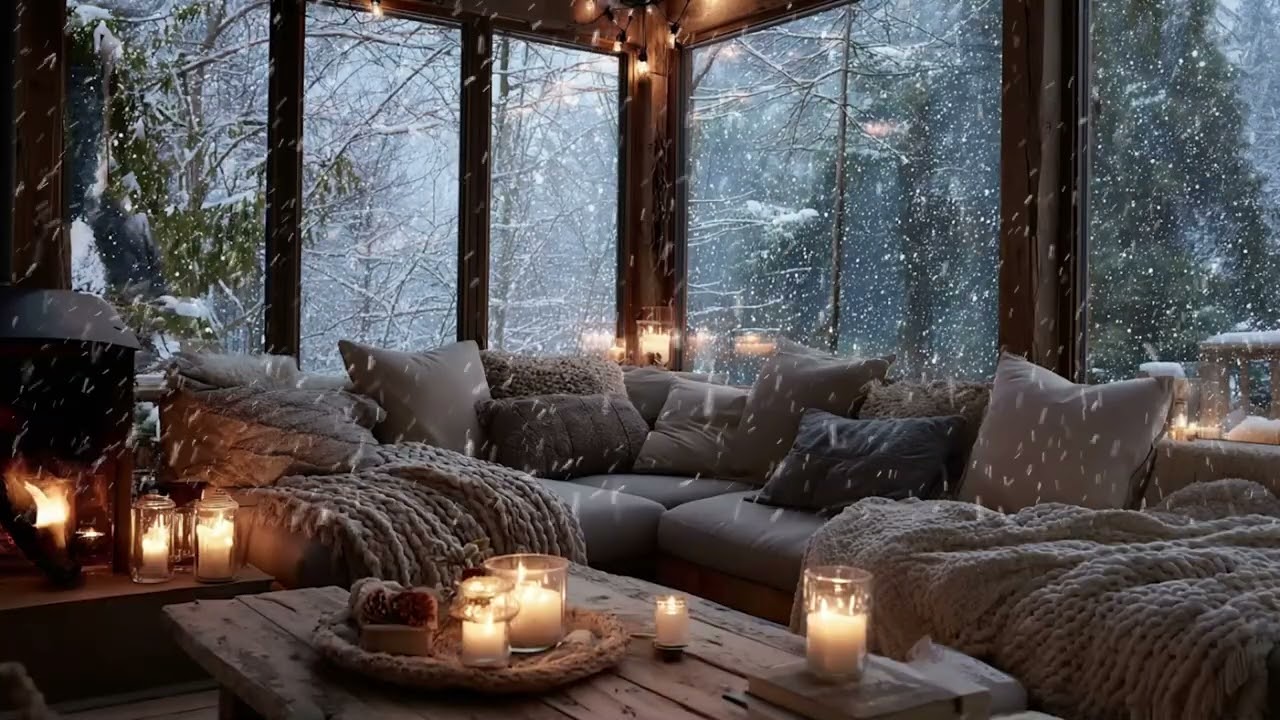Warm Winter Fireplace Cabin 4K 🔥❄️ | Soft Piano Ambience for Deep Focus & Relax