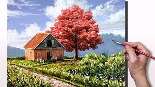 Acrylic Painting Time-lapse  - Big Red Tree Landscape - Correa Art