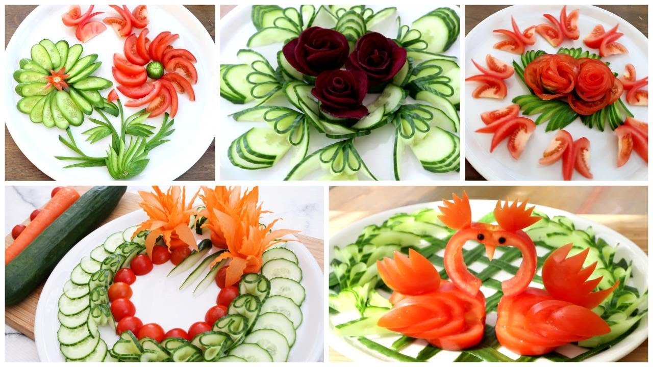 5 Super Salad Decorations Ideas - Cucumber,Tomato,Carrot,Red beet Carving Garnish