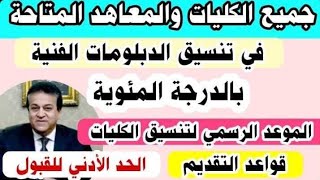 جميع الكليات والمعاهد المتاحة في التنسيق لطلاب الدبلومات الفنية الصناعية خمس سنوات بالنسبة المؤية