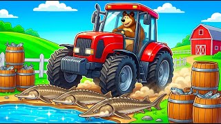 Bear Drives Tractor by Fish Pond! 🐻🐟 Sturgeon Barrels Farm | Cartoon