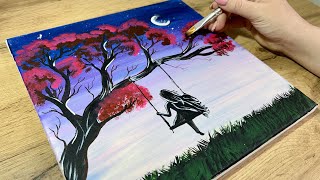 Beautiful scenery / Girl swinging in the beautiful moonlit night / Painting Step by Step