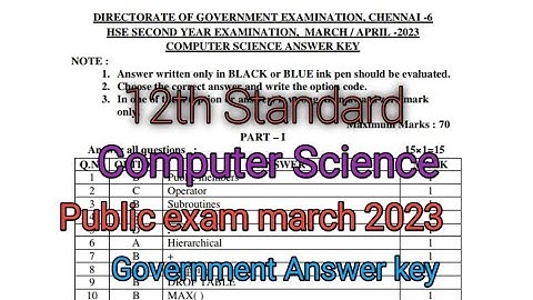12th Standard||Computer Science|| Public exam march 2023|| Government answer key||
