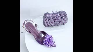 Purple Rhinestone Cross Strap High Heels With Matching Bag