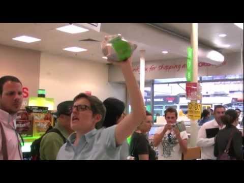 A flash mob descends on Coles in solidarity with workers on strike from the Baiada Chicken factory in Laverton, Melbourne. Baiada supplies major supermarkets including Coles under the brands Steggles and Lilydale Chicken. And supply fast food chains such as KFC. Baiada workers have been killed and injured due to unsafe working conditions, the mostly migrant workforce are bullied into accepting terrible conditions, and many workers are paid as low as $10 an hour cash in hand, or employed as contractors. Workers and community supporters are maintaining a picket 24-hours a day blocking entry to scab labour and trucks with live chickens.