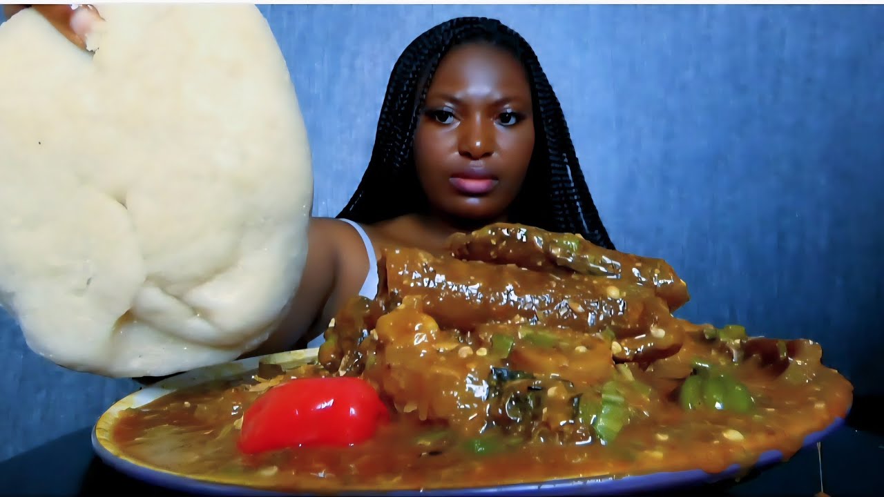 Asmr mukbang okra mixed with ogbono soup and fufu