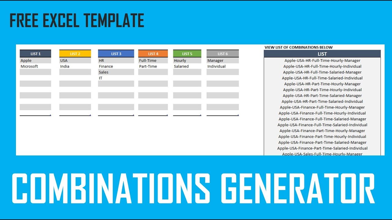 Combinations Generator - Excel Template - YouTube