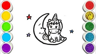 Unicorn on the moon Drawing, Painting and Coloring for Kids, Toddlers  Easy Drawing