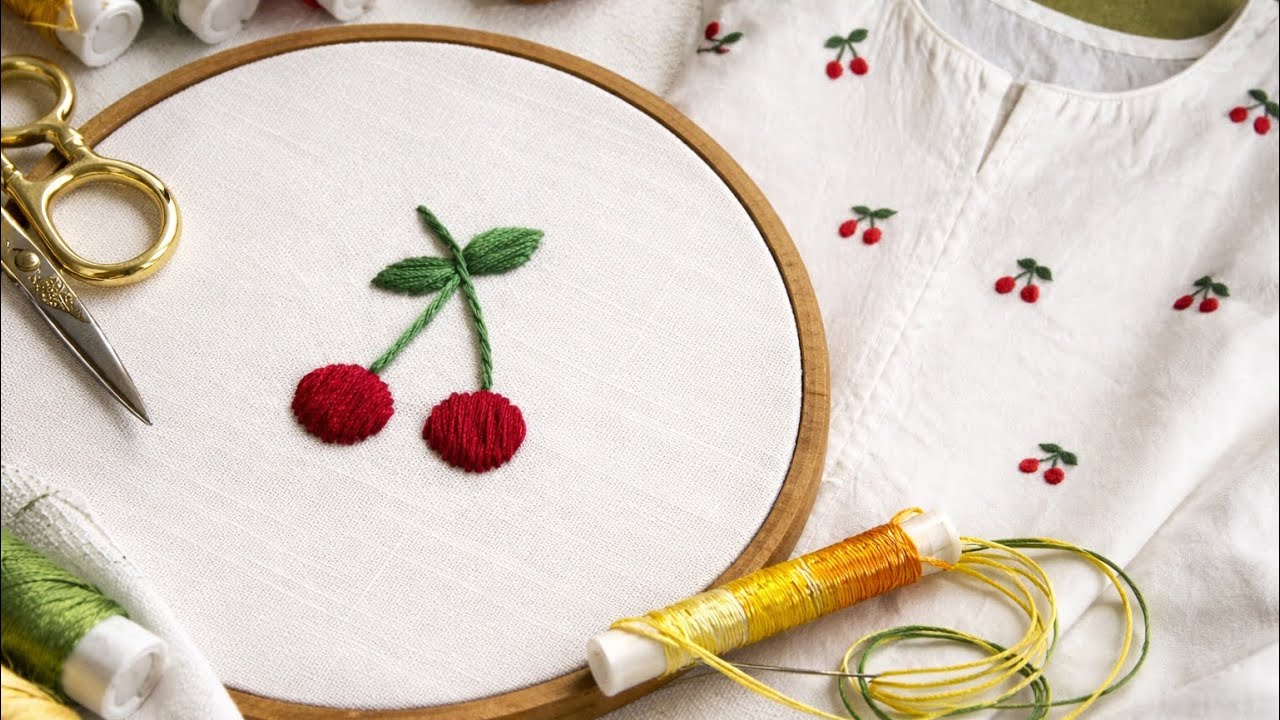 Cherry Embroidery Pattern for Beginners 🍒 | Easy Hand Embroidery