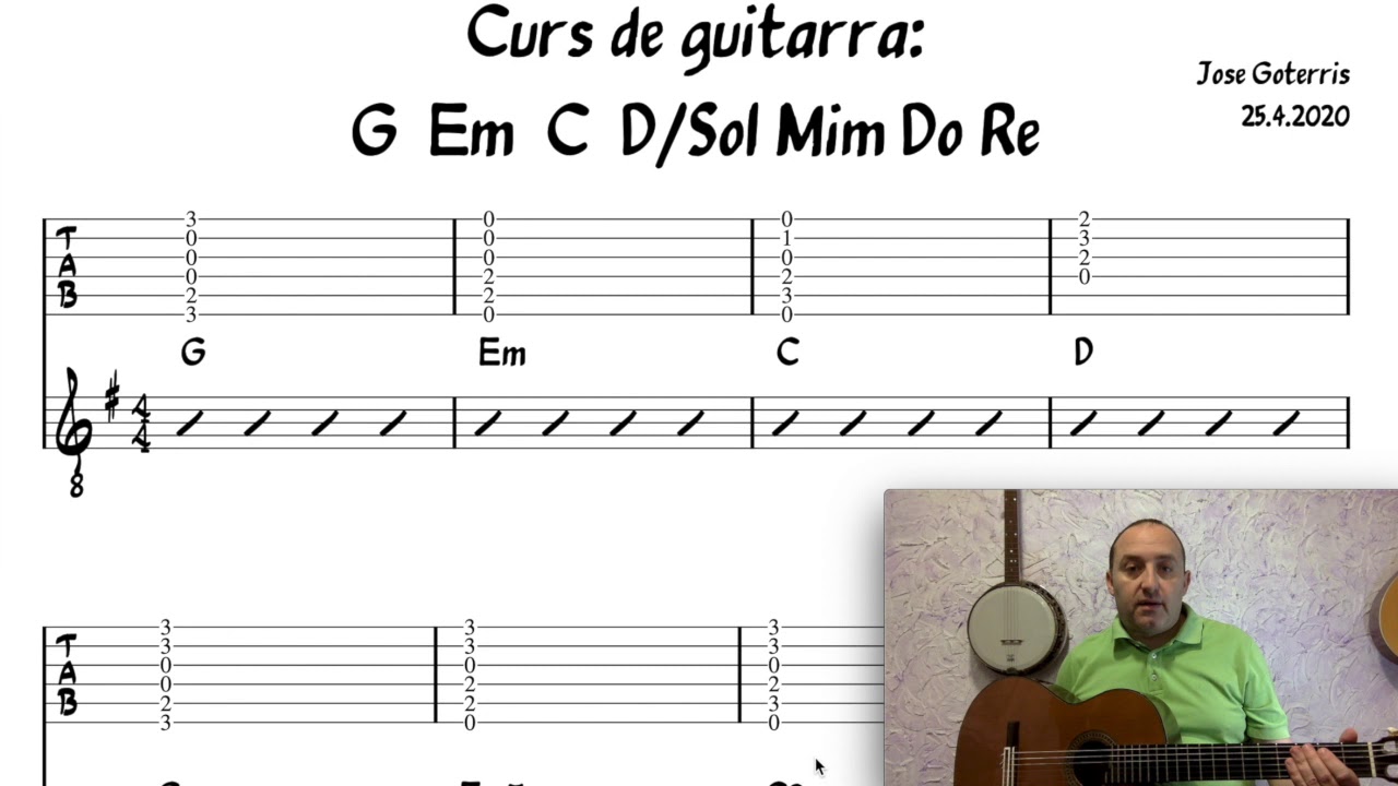 Curs de guitarra 4: acordes básicos guitarra, rueda de Sol Mayor Mim Do  Mayor y Re Mayor, G Em C D - YouTube
