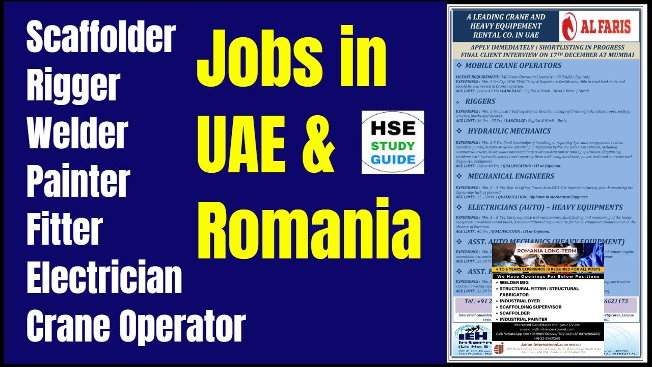 Scaffolder/Rigger/Welder/Crane Operator/Painter/Fitter/Electrician Jobs in UAE HSE STUDY