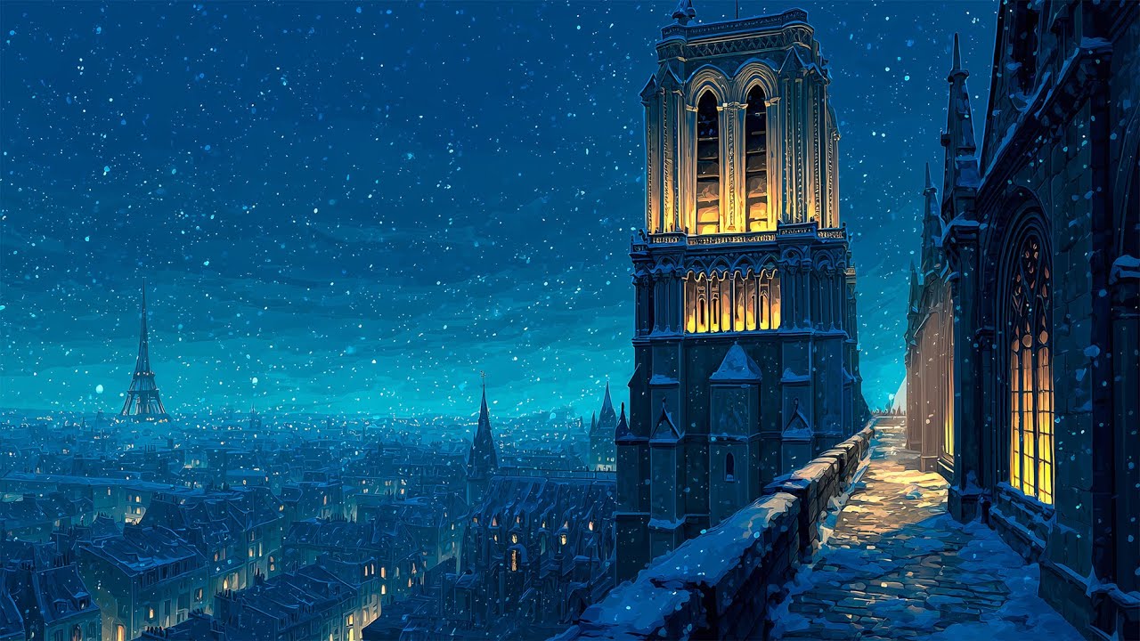 Paris Rooftop Winter ❄️ Cathedral Bells & Vintage Music Over The Snowy City
