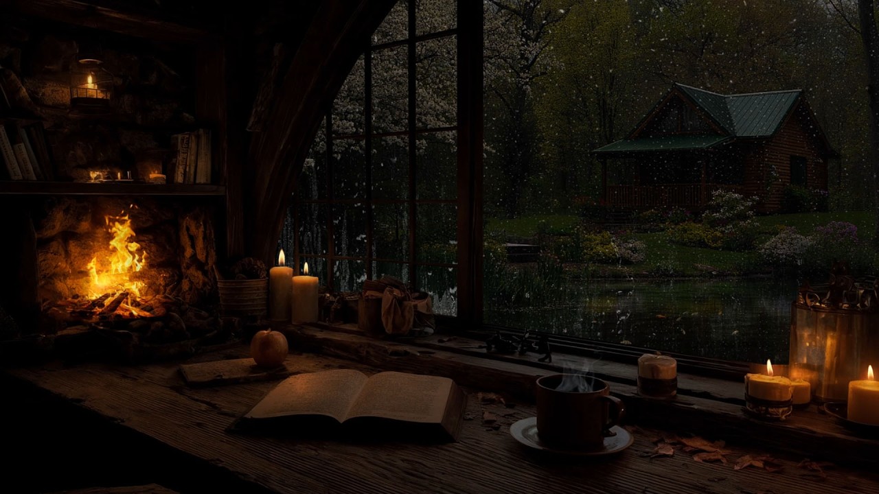 Peaceful Summer Rain Outside the Window(No Ads)🔥🌧️Fire Sounds by Lakeside | Sleep,Study,Rest & Relax